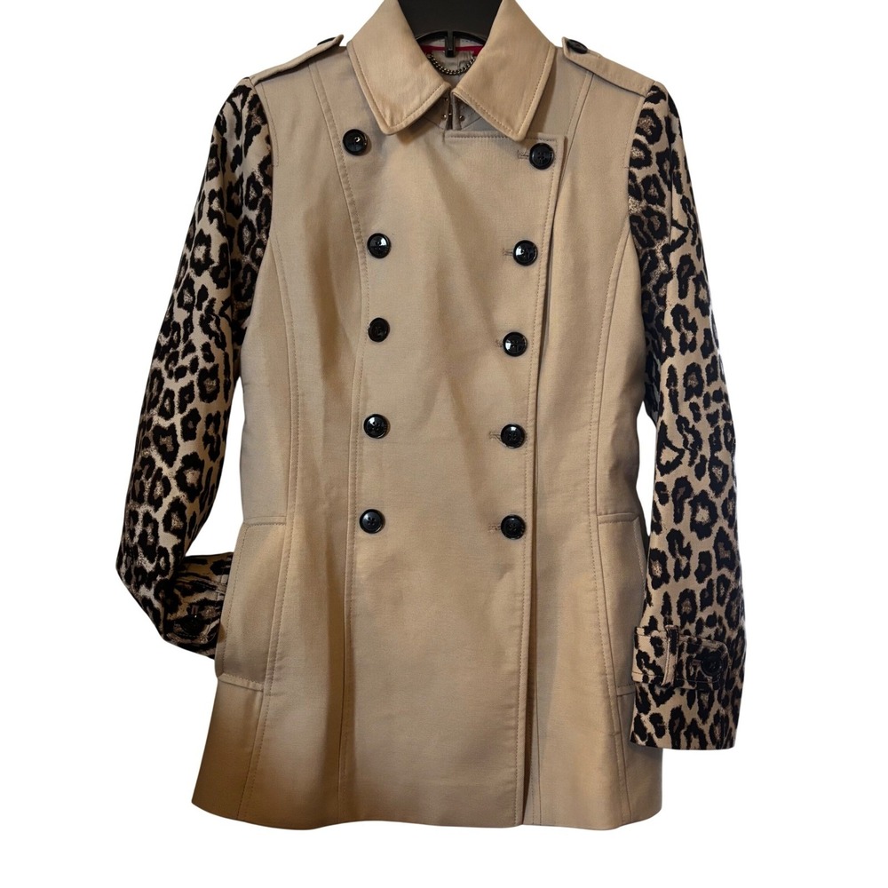 Banana Republic Womens Trench Coat XS Beige Leopard Print Sleeve Double Breasted